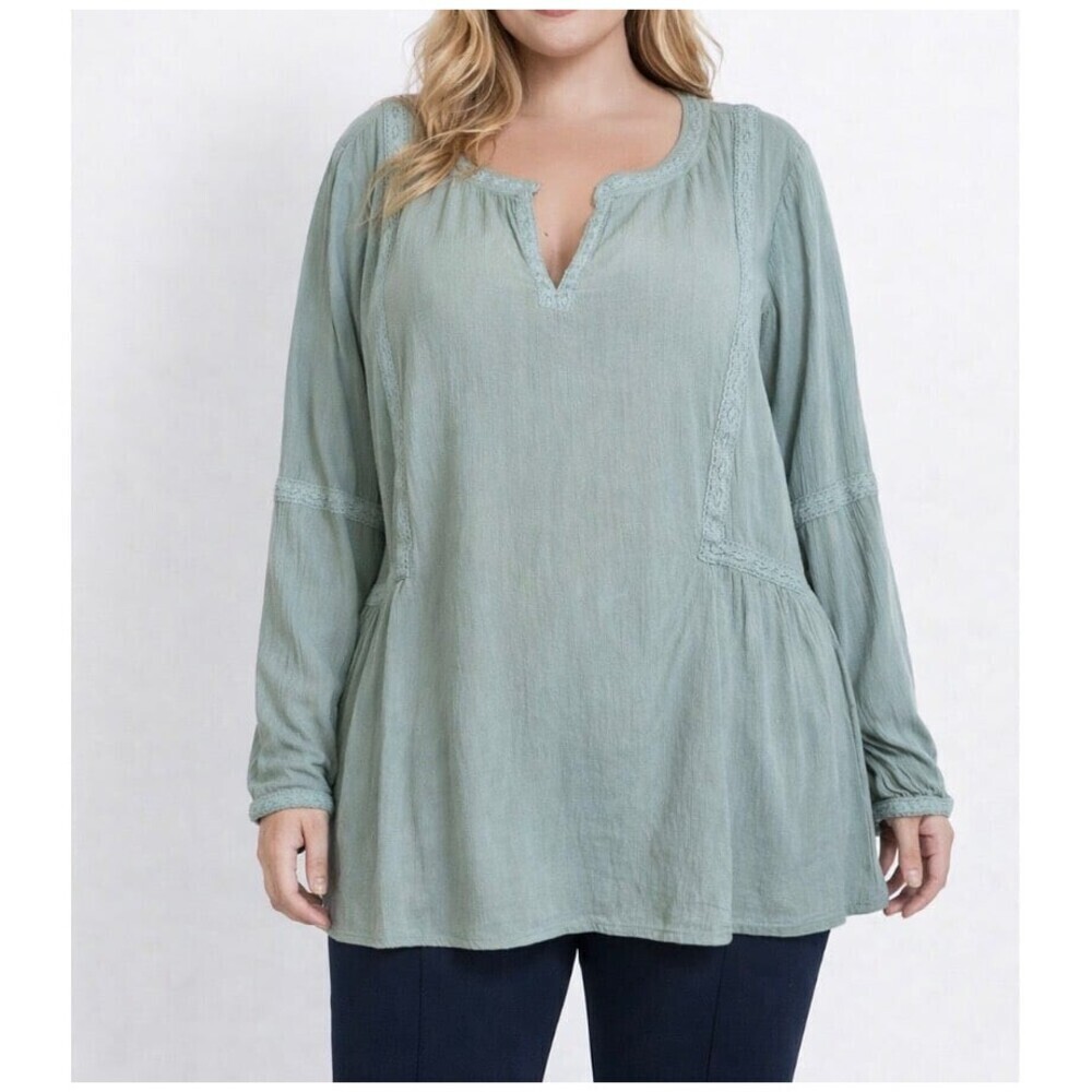 J. Jill blouse top BoHo Western crinkle cut V-neck sea foam green long sleeve LG